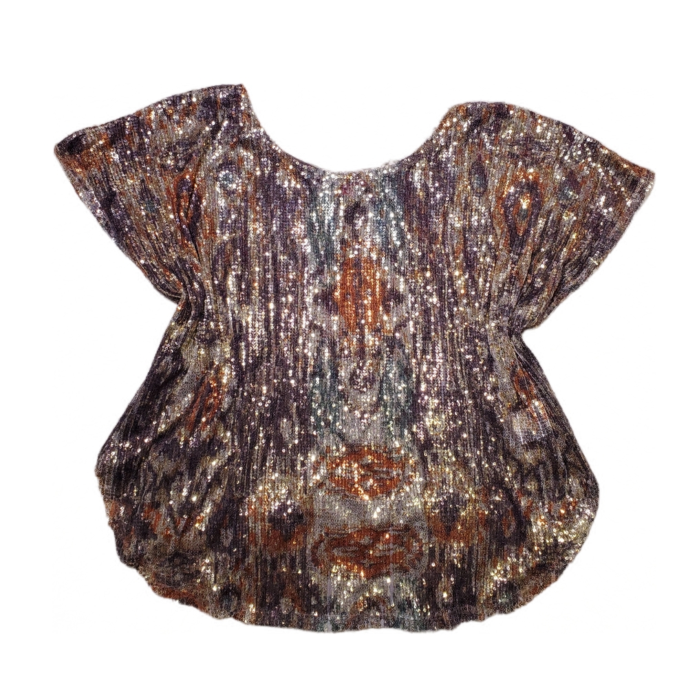 BONGO Sequins Metallic Multicolor Dolman Short Sleeve Y2K Sparkle Sheer Top
